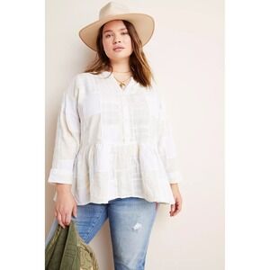 Maeve Anthropologie Ivory Patchwork Cotton Linen Babydoll Blouse Top size L Boho